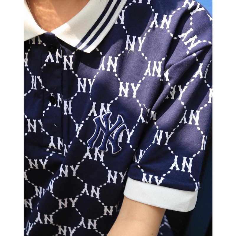 Áo Thun Polo MLB Tay Lỡ, From Rộng, Chất Cottton, Hoạ Tiết NY Monogram