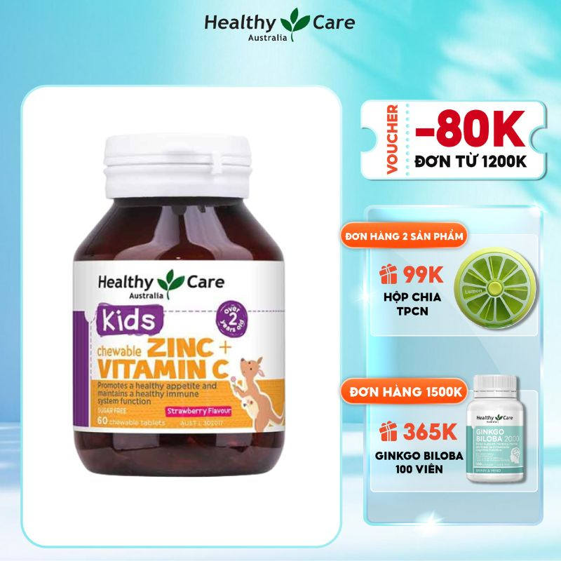 Viên nhai bổ sung kẽm và vitamin C Healthy Care Kids Chewable 60 viên vị dâu