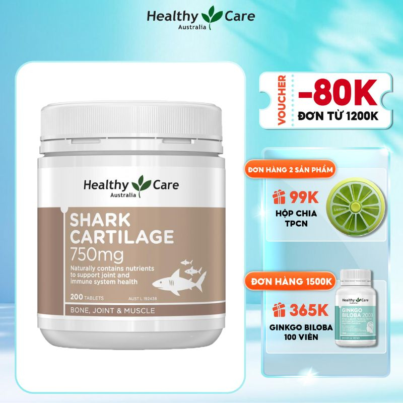 Viên uống sụn vi cá hỗ trợ xương khớp Healthy Care Shark Cartilage 750mg 200 viên