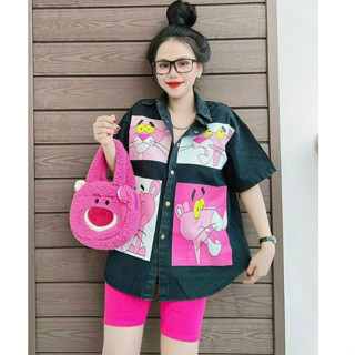 Set bộ thời trang nữ sang chảnh đi chơi chất áo jean cổ sơ mi đính nút tay ngắn IN quần đùi thun gân ôm mini siêu xinh