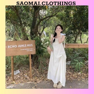 Đầm nữ dài mùa hè đi biển, váy nữ dáng suông xòe buộc dây vai sang chảnh tiểu thư màu trắng