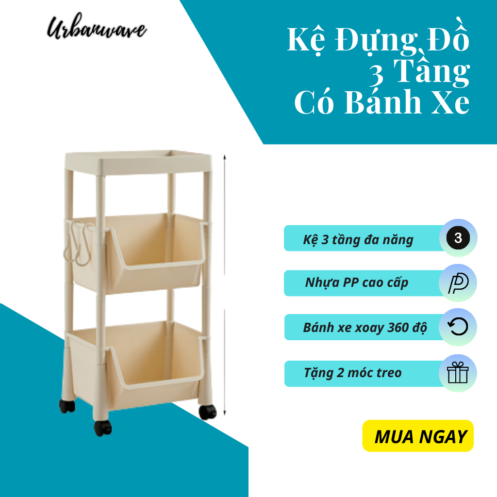 Kệ đựng đồ 3 tầng, Kệ đựng đồ có bánh xe xoay 360 độ - Màu sắc sang trọng, nhựa PP cao cấp - Urbanwave
