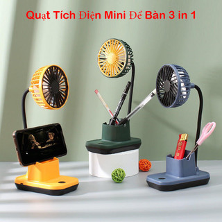 Quạt tích điện mini để bàn 3 in1 kèm giá đỡ điện thoại, hộp đựng bút, Quạt mini để bàn siêu mát