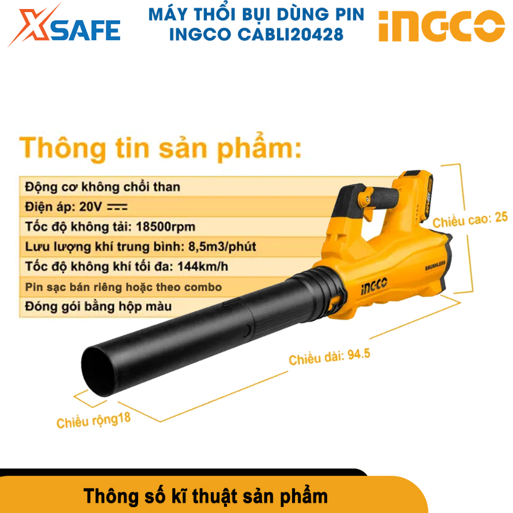 Máy thổi cầm tay INGCO CABLI20428 Máy thổi bụi dùng pin 20V motor từ không chổi than, dùng thổi bụi, lá cây, vệ sinh