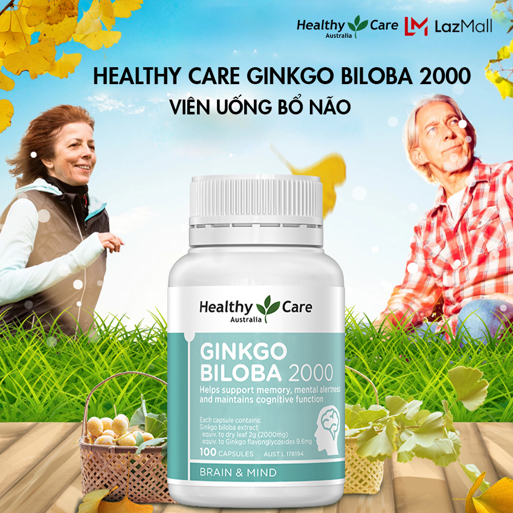 Bổ não Healthy Care Ginkgo Biloba Úc 2000 100 viên Tăng Cường Cải Thiện Trí Nhớ