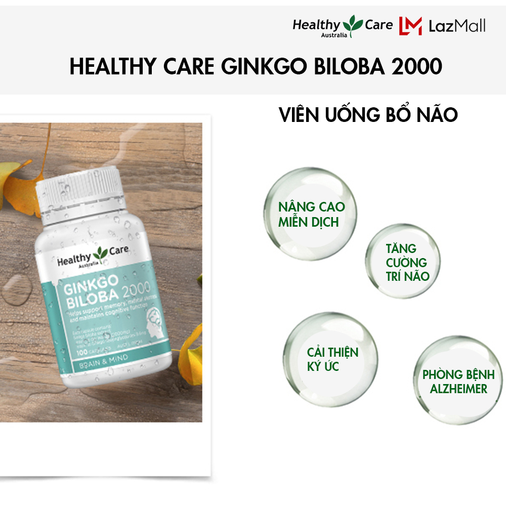 Bổ não Healthy Care Ginkgo Biloba Úc 2000 100 viên Tăng Cường Cải Thiện Trí Nhớ