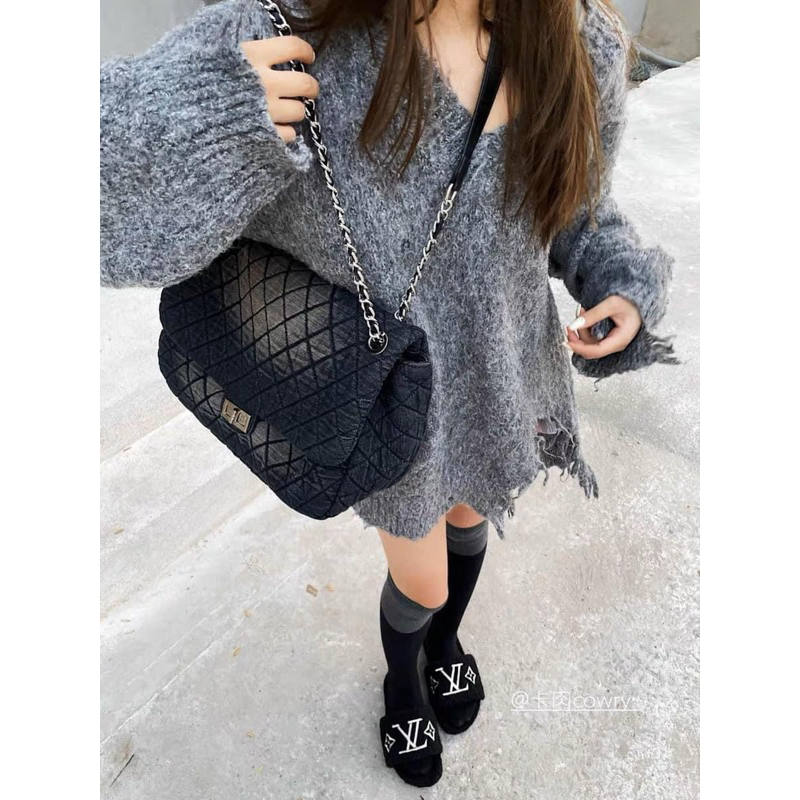 Túi tote big size jean vải siêu hot ô trám khoá xoay 36cm