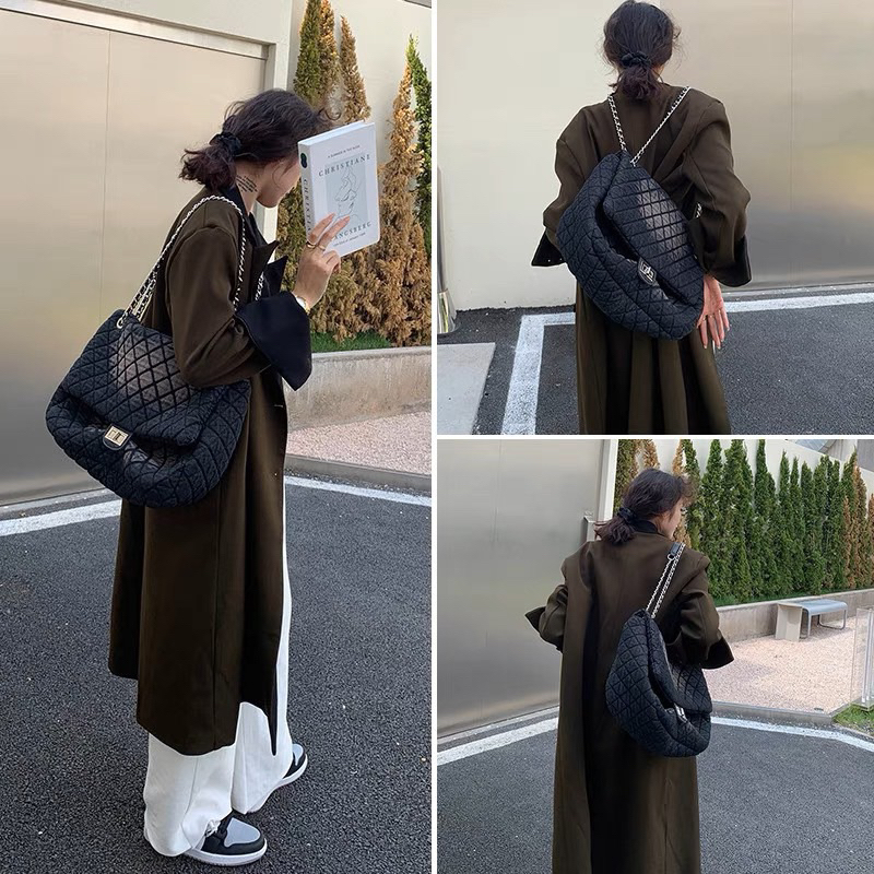 Túi tote big size jean vải siêu hot ô trám khoá xoay 36cm