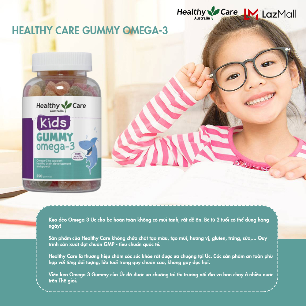 Healthy Care Kids Gummy Omega-3 Kẹo Dẻo kẹo dẻo tăng thị lực phát triển trí não vitamin cho bé