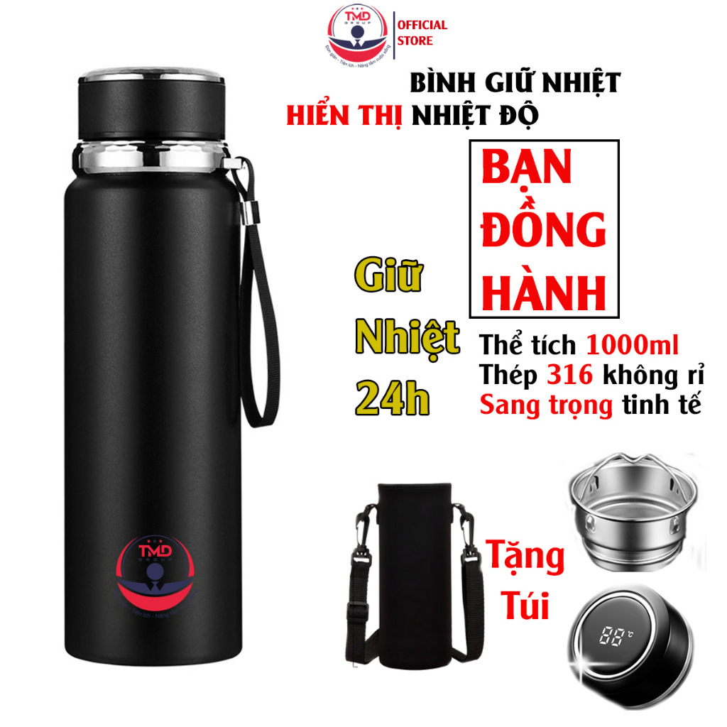 Bình giữ nhiệt hiển thị nhiệt độ TMD GROUP 1000ml - Tặng túi, chất liệu inox 316 không gỉ, giữ nhiệt lên đến 20 giờ