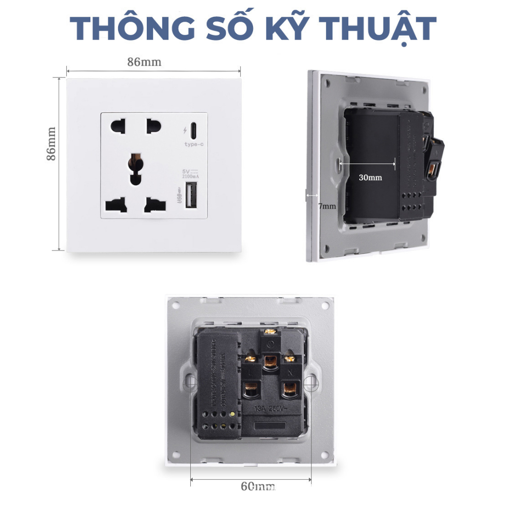 Ổ cắm vuông phù hợp Aqara D1/ Aqara H1 - Khung thép chắc chắn, Cổng sạc USB A & Type C, Ổ cắm chịu tải cao 13A