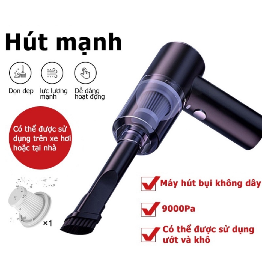 Máy hút bụi cầm tay mini không dây siêu tiện lợi 9000pa , hút bụi xe ô tô, giường nệm thông minh