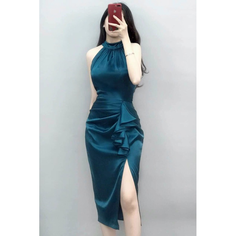 Đầm body cổ yếm phi lụa bèo váy thanh lịch đen, đỏ, trắng, xanh, vàng, da.B032