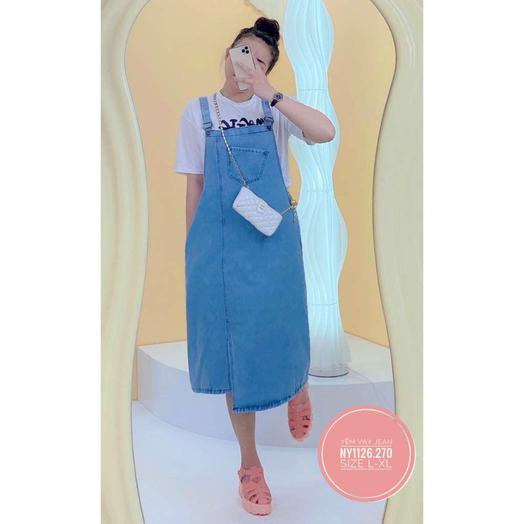 Yếm Váy Jean Nữ Dáng Dài, Xẻ Tà Trước, Xanh 1126, Không Giãn