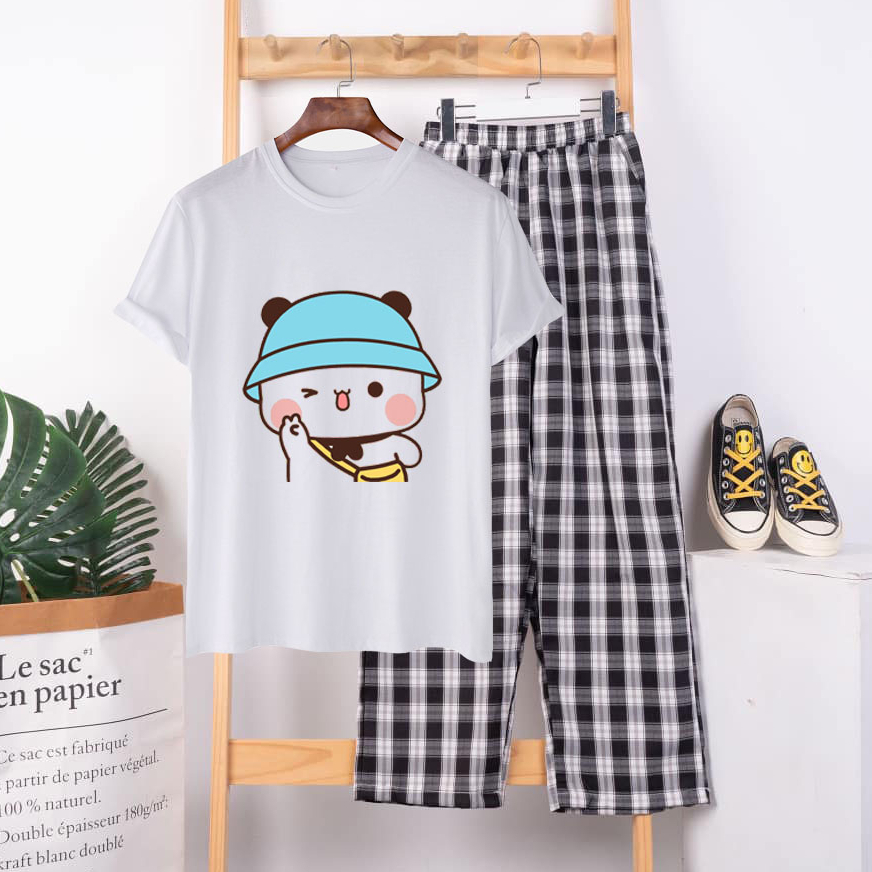 Sét Đồ Nữ Đẹp YEGO Fashion Store Mùa Hè Mặc Đi Chơi, Áo Màu Trắng Cotton In 3D Bé Mũ Xanh Kèm Quần Ống Rộng Kẻ Đen