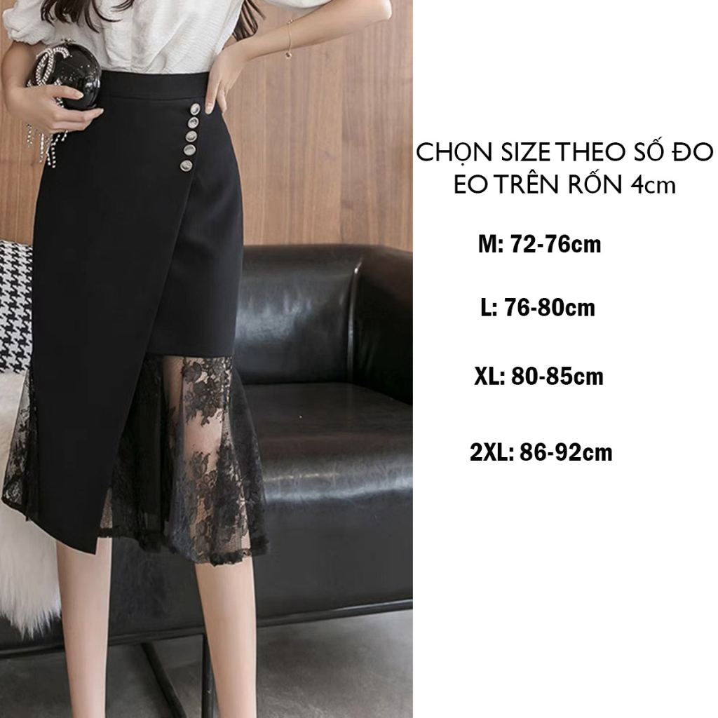 Chân váy nữ phối ren Bigsize 45-90Kg chữ A che khuyết điểm chất tuyết mưa Hàn+Ren cho dân văn phòng dài 73cm