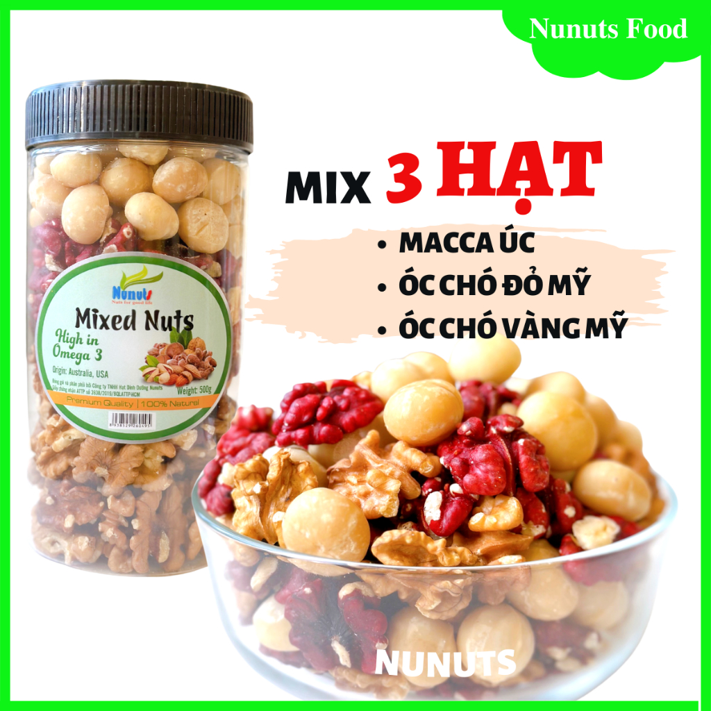 Mix hạt dinh dưỡng gồm 3 loại (macca Úc, óc chó đỏ Mỹ, óc chó vàng Mỹ) sấy giòn, làm sữa, nướng mật ong Nunuts