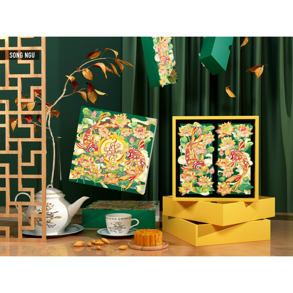 Hộp Trung Thu 4 bánh SONG NGƯ 150-200g đủ phụ kiện