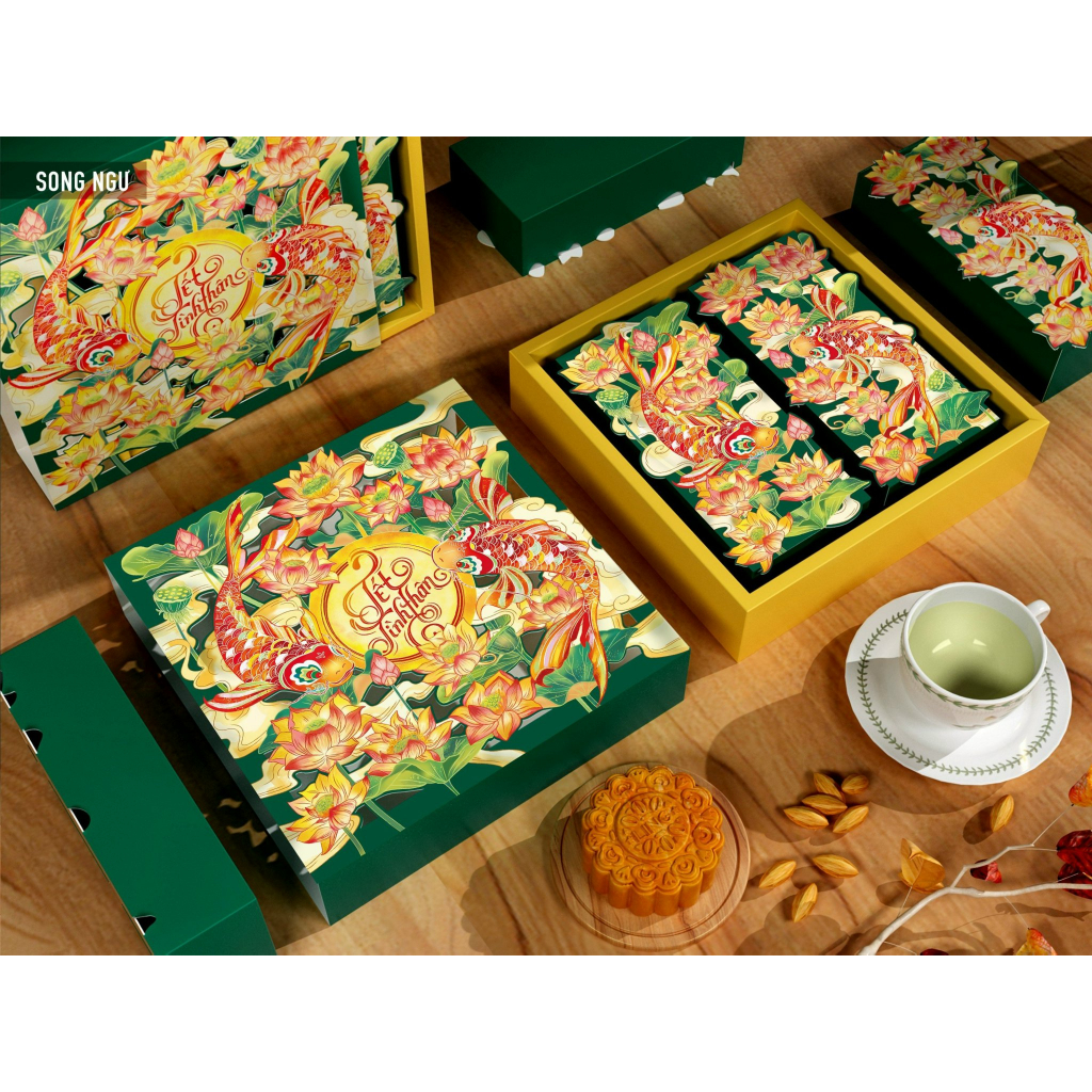 Hộp Trung Thu 4 bánh SONG NGƯ 150-200g đủ phụ kiện