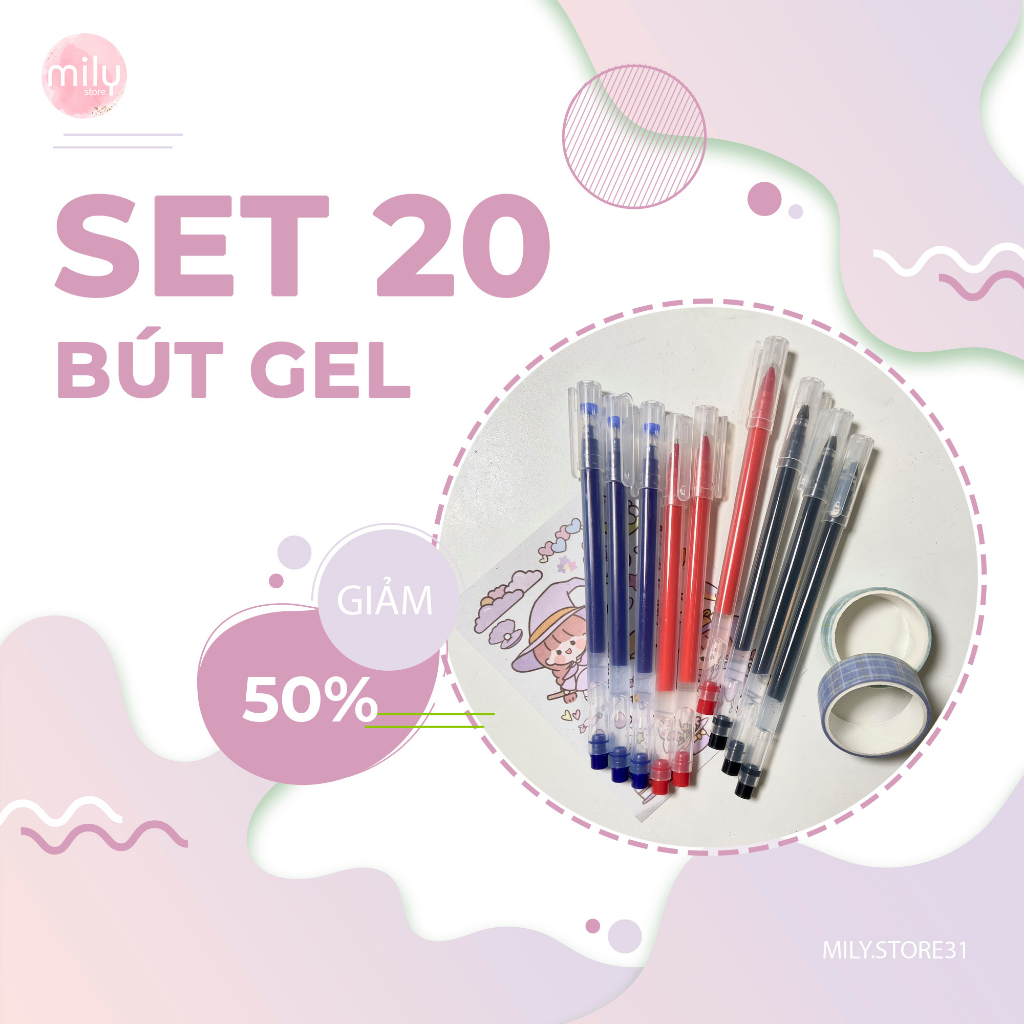 Set 20 chiếc bút gel mực khô nhanh, màu mực xanh, đỏ, đen, ngòi 0.5mm MilyStore, MilyStore31