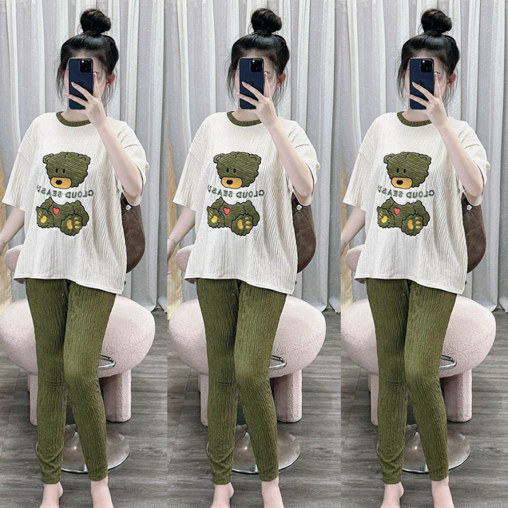 [7.7 Sales Freeship] Set bộ thun xốp thêu gấu hở lưng, set áo thun from rộng in gấu mix quần ôm dài đi chơi dễ thương