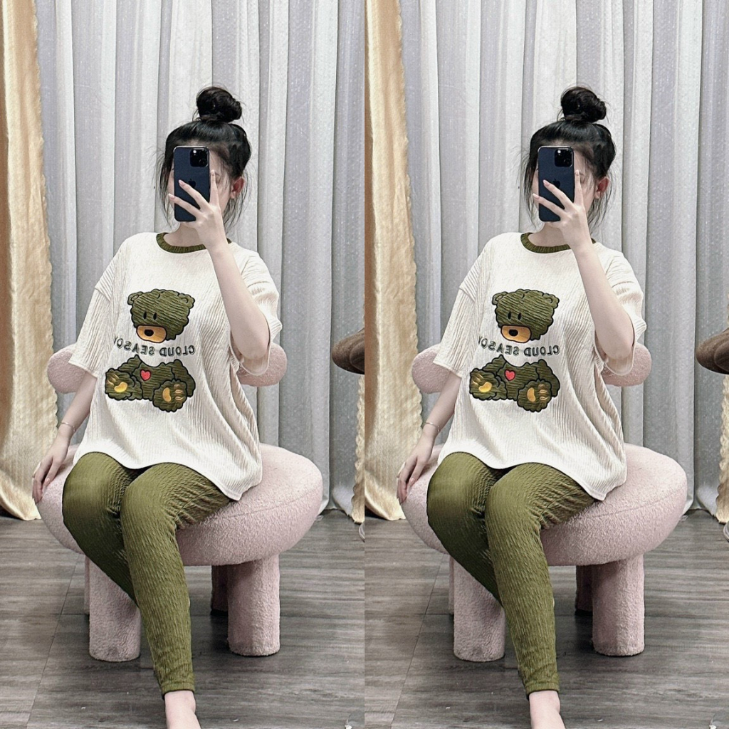[7.7 Sales Freeship] Set bộ thun xốp thêu gấu hở lưng, set áo thun from rộng in gấu mix quần ôm dài đi chơi dễ thương