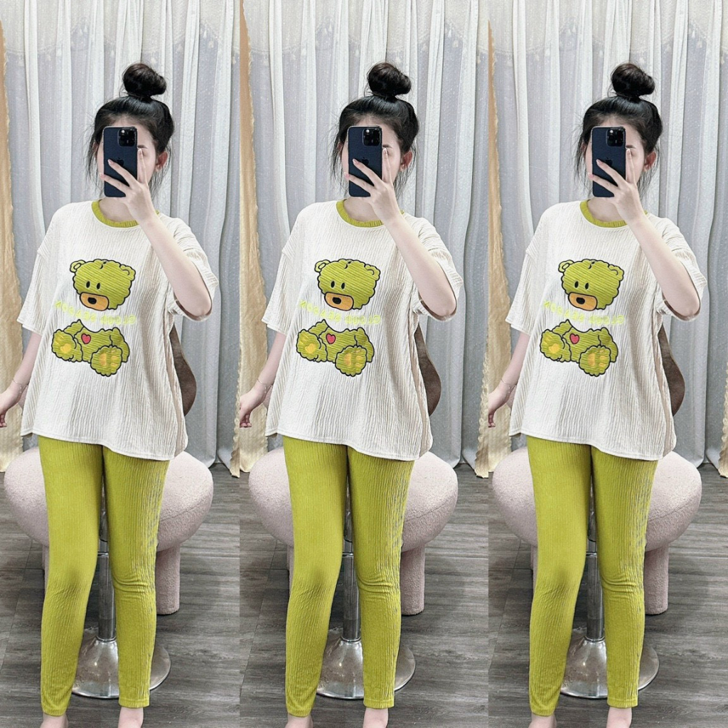 [7.7 Sales Freeship] Set bộ thun xốp thêu gấu hở lưng, set áo thun from rộng in gấu mix quần ôm dài đi chơi dễ thương