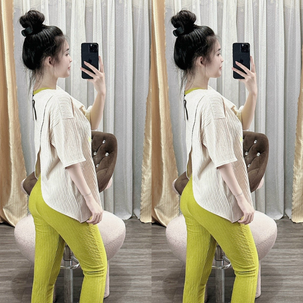 [7.7 Sales Freeship] Set bộ thun xốp thêu gấu hở lưng, set áo thun from rộng in gấu mix quần ôm dài đi chơi dễ thương