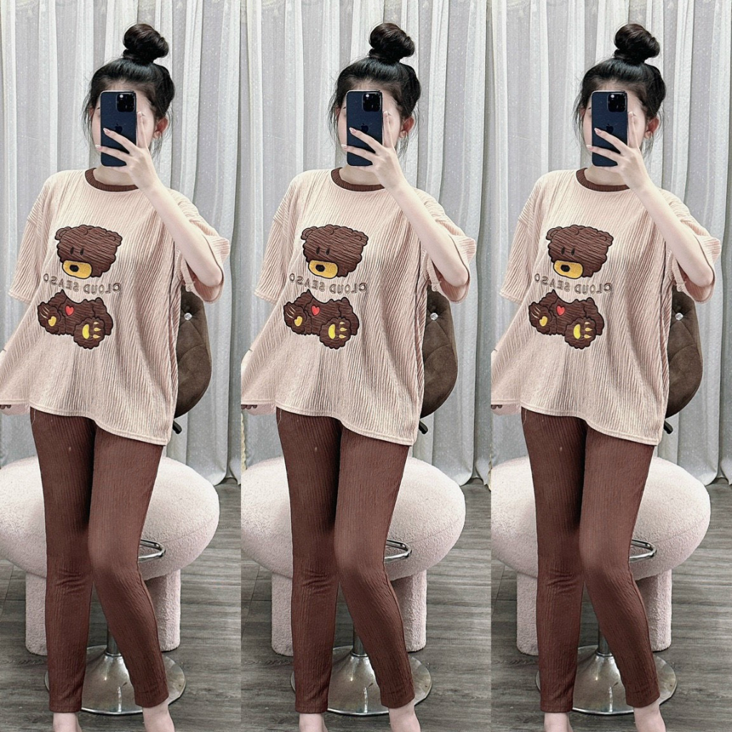 [7.7 Sales Freeship] Set bộ thun xốp thêu gấu hở lưng, set áo thun from rộng in gấu mix quần ôm dài đi chơi dễ thương