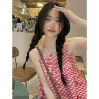 Áo hai dây hở lưng họa tiết sọc caro màu đỏ phong cách hàn quốc ngọt ngào thời trang mùa hè Famos