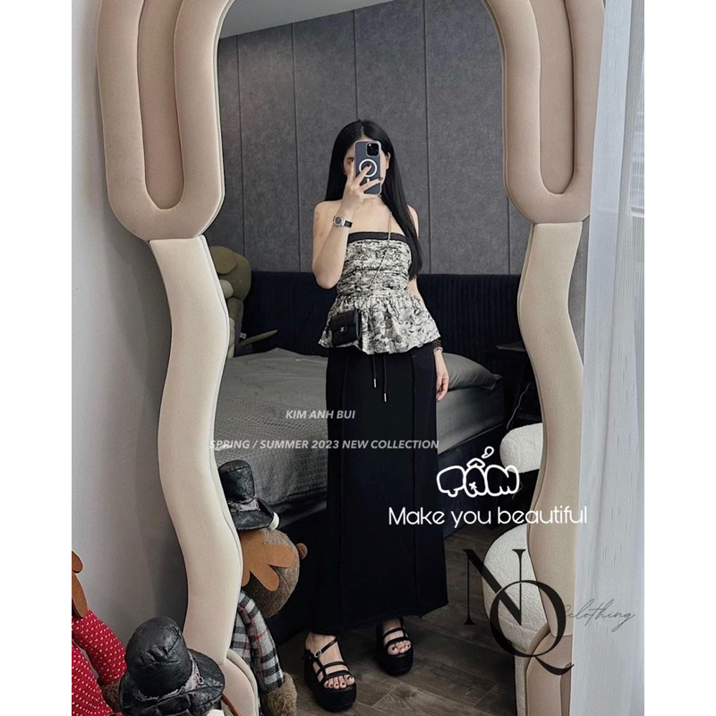 Áo quây họa tiết be xanh xám lưng chun hót (kèm ảnh thật)