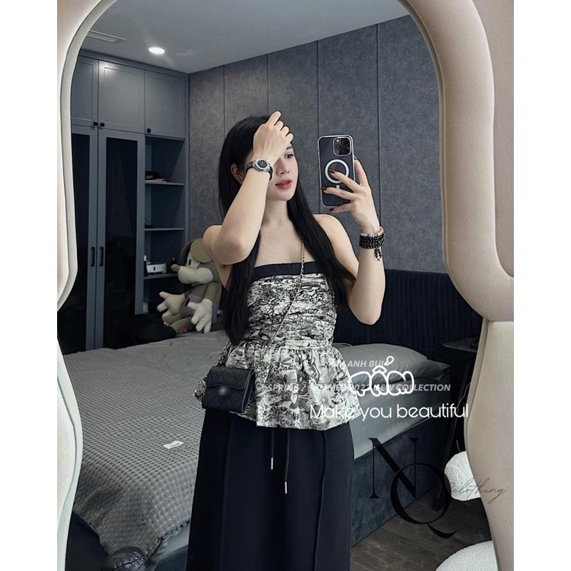 Áo quây họa tiết be xanh xám lưng chun hót (kèm ảnh thật)