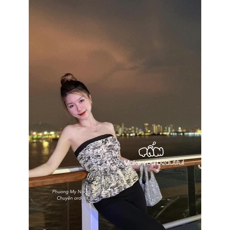 Áo quây họa tiết be xanh xám lưng chun hót (kèm ảnh thật)