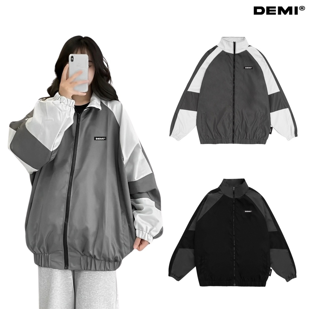 Áo khoác dù nam nữ form rộng, áo khoác local brand cổ trụ phối màu đẹp mắt đen, xám local brand DEMI | DE-AK53