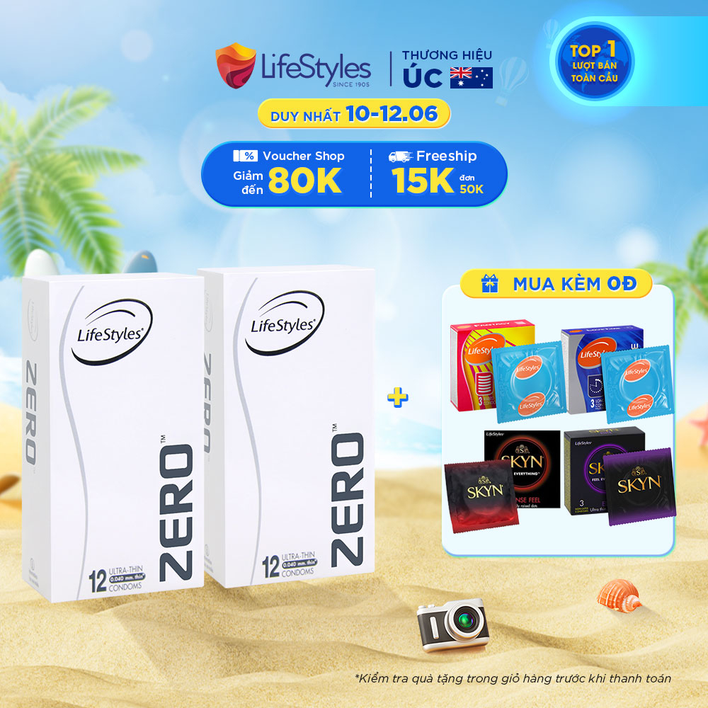 Combo 2 Bao Cao Su Siêu Mỏng Vô Hình Truyền Nhiệt Nhanh LifeStyles ZERO Nhiều Gel Bôi Trơn Tăng Khoái Cảm - Hộp 12 bao