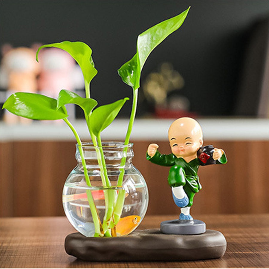 Bình thủy sinh trồng cây kèm tượng 4 chú tiểu Ohstyle Tứ Không, La Hán Quyền, Túy Quyền trang trí phòng khách,để bàn