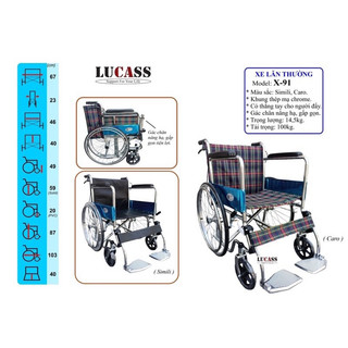 Xe lăn cơ bản 2phiên bản vải caro và simili Lucass X-91 (X91) gác chân nâng hạ, tay thắng.