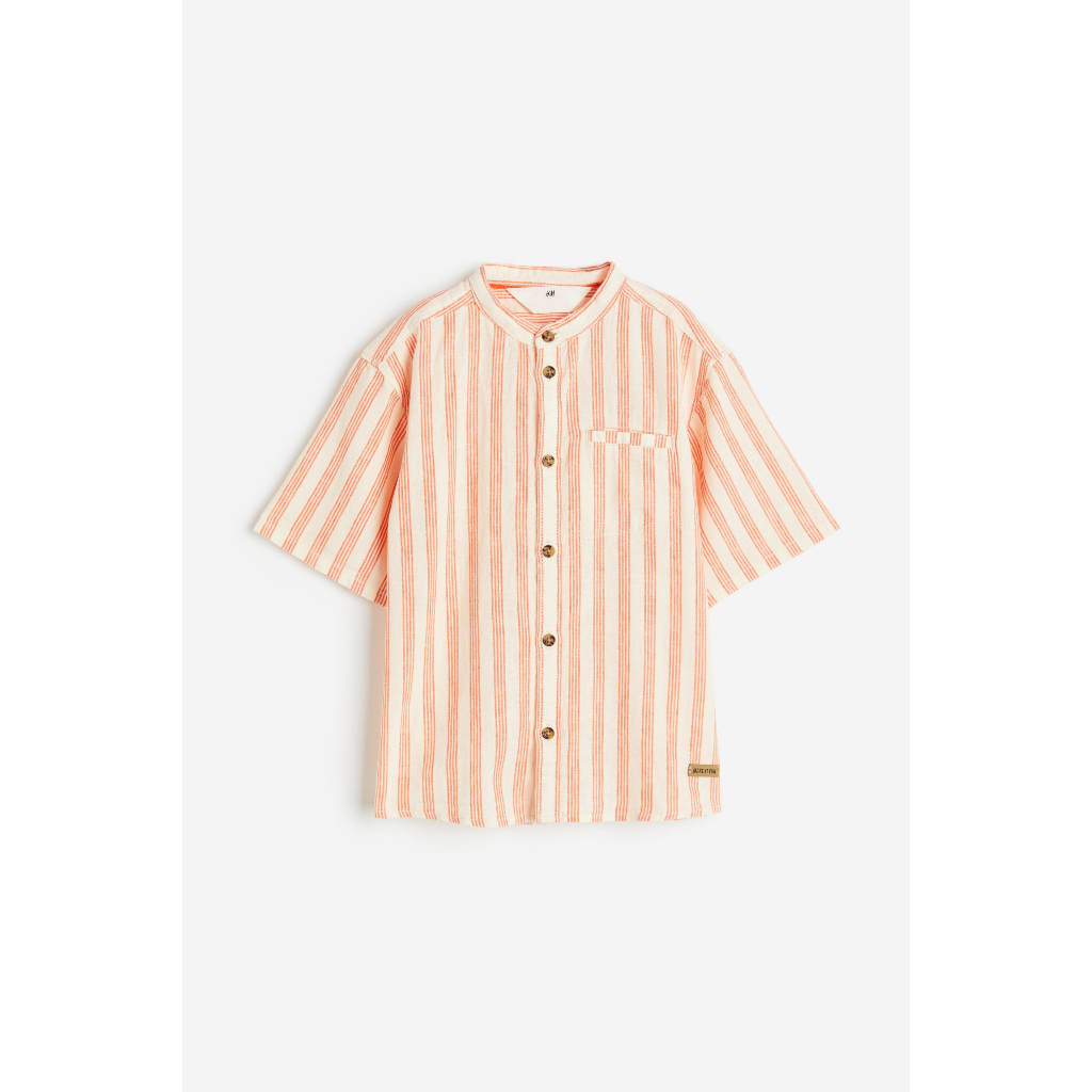 ÁO SƠ MI NGẮN TAY CỔ TRỤ, CHẤT LINEN VÀ COTTON - HM - CÓ TÚI PHÍA TRƯỚC ÁO - KẺ SỌC