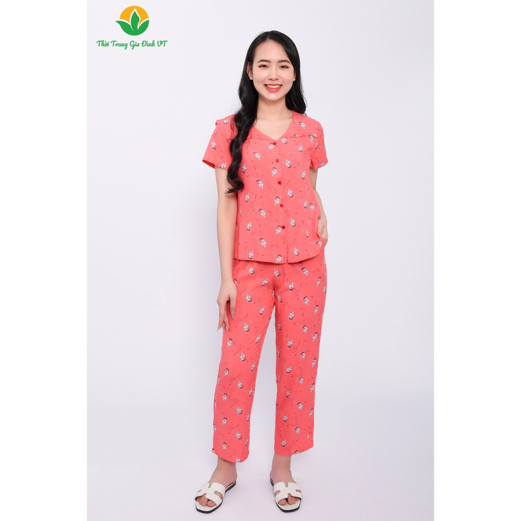 Bộ pijama mặc nhà nữ mùa hè Việt Thắng, quần dài, áo cộc tay chất Lanh - B08.2311