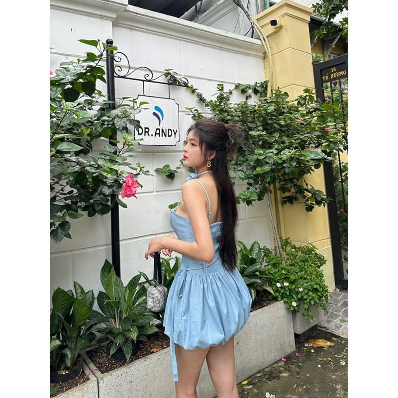 LiLiSa Dress Đầm 2 dây tầng bí màu xanh mát, có quần bảo hộ , dây váy điều chỉnh