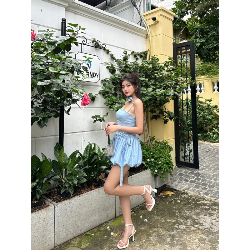 LiLiSa Dress Đầm 2 dây tầng bí màu xanh mát, có quần bảo hộ , dây váy điều chỉnh