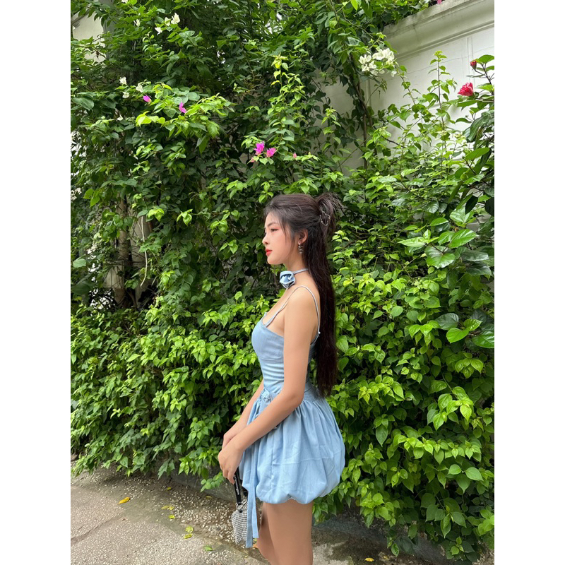 LiLiSa Dress Đầm 2 dây tầng bí màu xanh mát, có quần bảo hộ , dây váy điều chỉnh