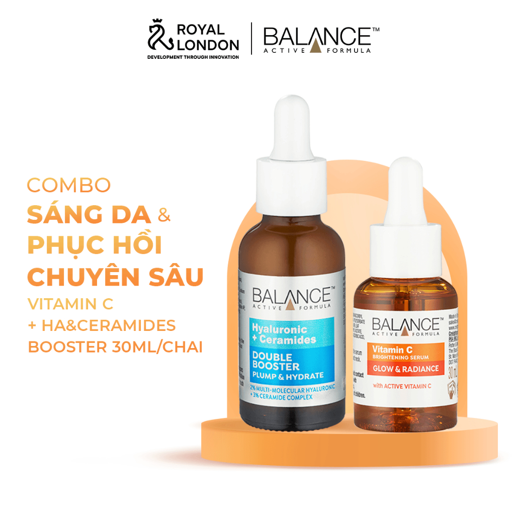 Combo serum sáng da, dưỡng ẩm Balance Vitamin C Brightening 30ml và Hyaluronic Acid + 3% Ceramides 30ml