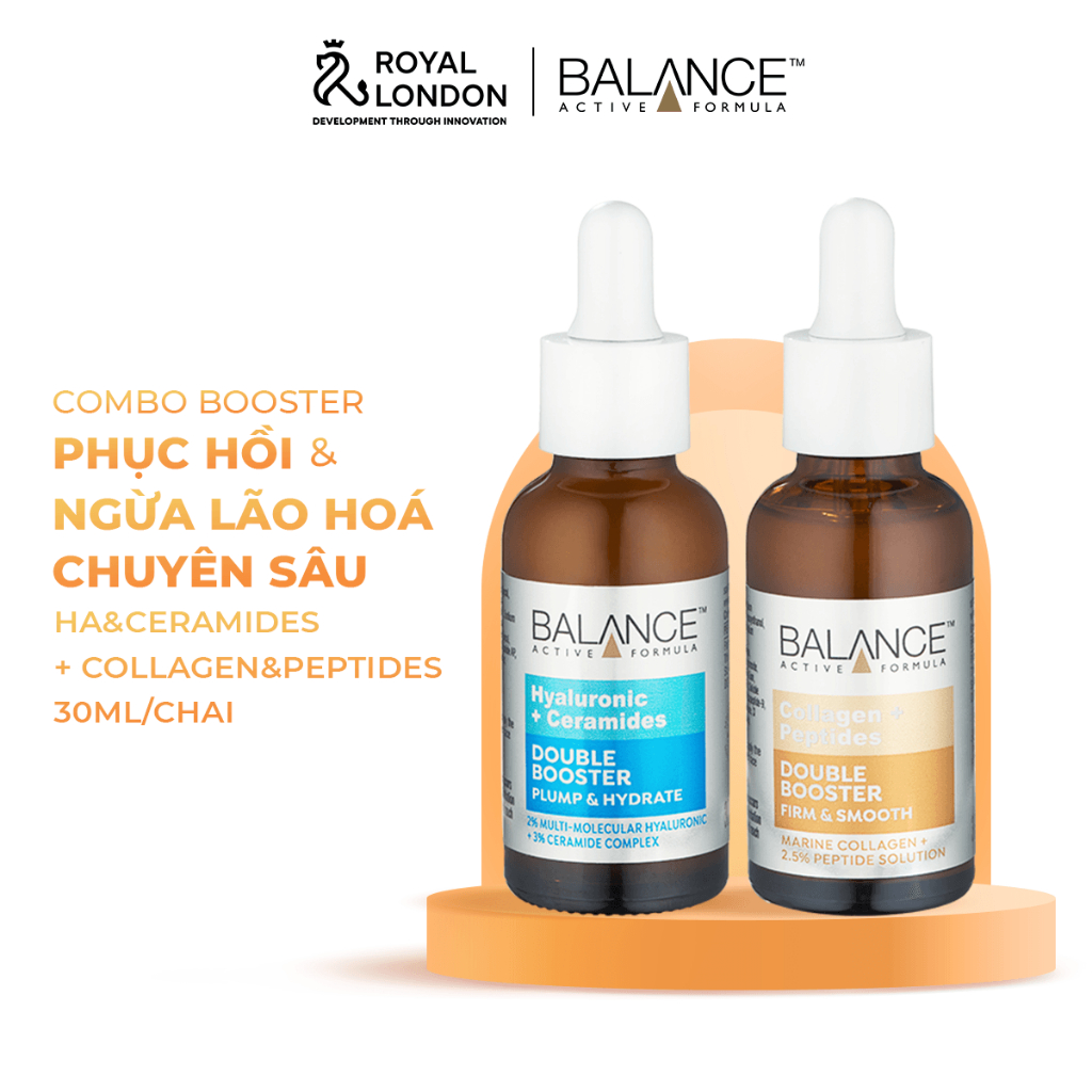 Combo serum ngăn ngừa lão hoá phục hồi da Balance 2% Hyaluronic Acid + 3% Ceramides và Collagen + Peptides 30ml/chai x2