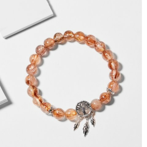 Vòng tay đá thạch anh tóc đỏ charm bạc 925 may mắn tài lộc phong thủy Udumbara