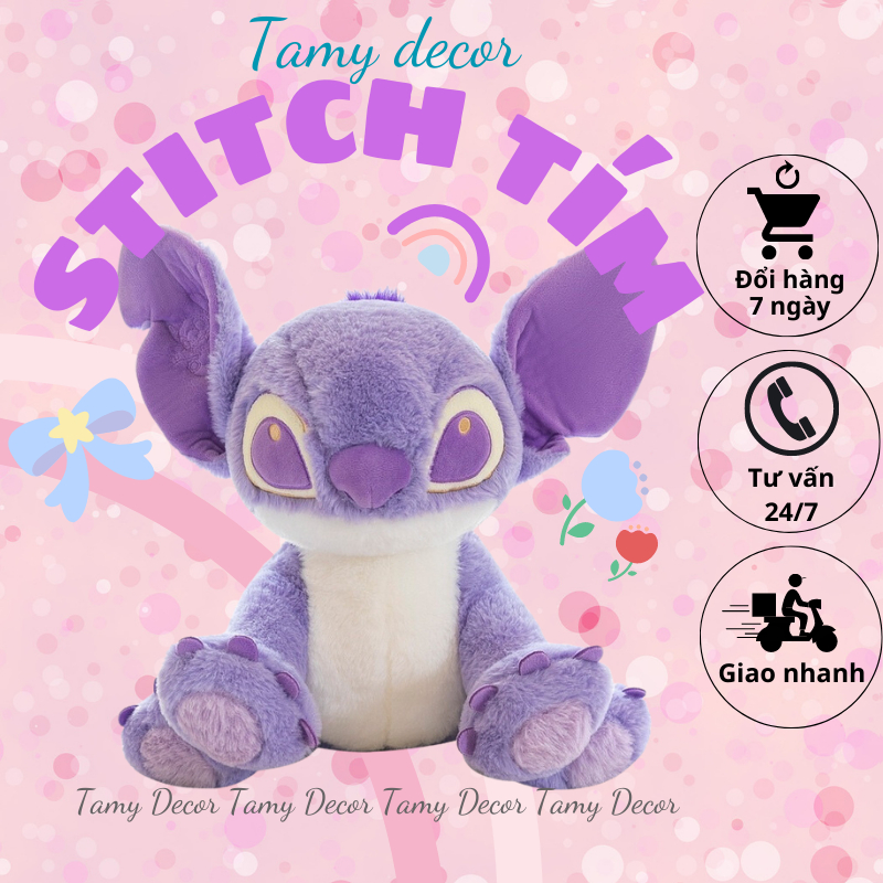 Gấu bông Stitch tím tai dài đáng yêu Tamy decor gấu bông chó tím lông dài mềm mại an toàn cho bé size 35-50-65-100cm