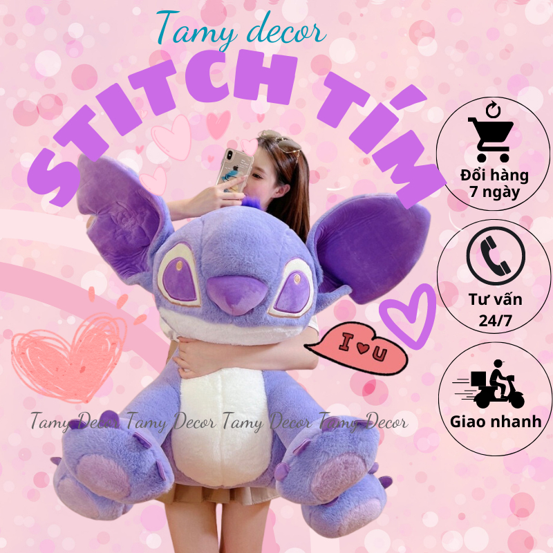 Gấu bông Stitch tím tai dài đáng yêu Tamy decor gấu bông chó tím lông dài mềm mại an toàn cho bé size 35-50-65-100cm