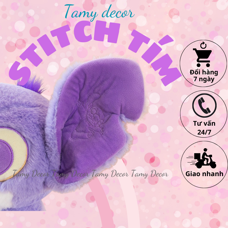 Gấu bông Stitch tím tai dài đáng yêu Tamy decor gấu bông chó tím lông dài mềm mại an toàn cho bé size 35-50-65-100cm