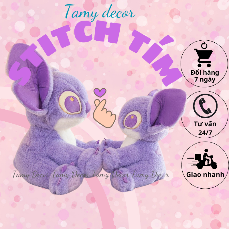 Gấu bông Stitch tím tai dài đáng yêu Tamy decor gấu bông chó tím lông dài mềm mại an toàn cho bé size 35-50-65-100cm