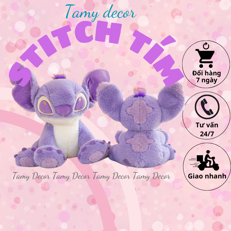Gấu bông Stitch tím tai dài đáng yêu Tamy decor gấu bông chó tím lông dài mềm mại an toàn cho bé size 35-50-65-100cm